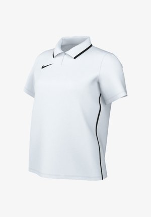 Polo blanco de manga corta de Nike con logo swoosh negro en el pecho, ribete negro en el cuello y ribetes negros a lo largo de los costados.