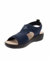 Sandali con zeppa di colore blu navy, open toe, con soletta imbottita, cinturini elastici e suola in gomma tessurizzata. Presentano dettagli decorativi.