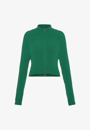 Zelený žebrovaný pletený svetr s krátkým rukávem a předním zapínáním na polovinu zipu na bílém pozadí.