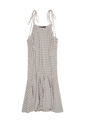 Be rankovių midi suknelė su mėlynu ir smėlio spalvos languotu raštu, reguliuojamomis ryšiamomis petnešėlėmis ir platėjančia raukšlėta apačia.