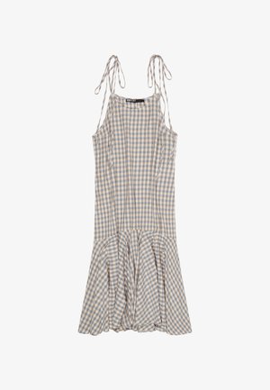 Be rankovių midi suknelė su mėlynu ir smėlio spalvos languotu raštu, reguliuojamomis ryšiamomis petnešėlėmis ir platėjančia raukšlėta apačia.