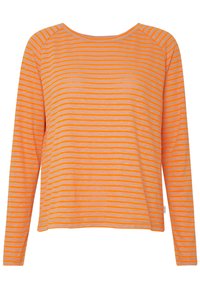 Långärmad randig skjorta med rund halsringning, tillverkad av lättviktsmaterial, med växelvis orange och ljusgrå horisontella ränder.