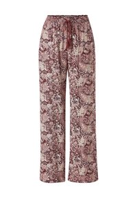 Bruine en crèmekleurige brede broek met een elastische tailleband en trekkoord. Heeft bloemen- en paisleyontwerpen overal.