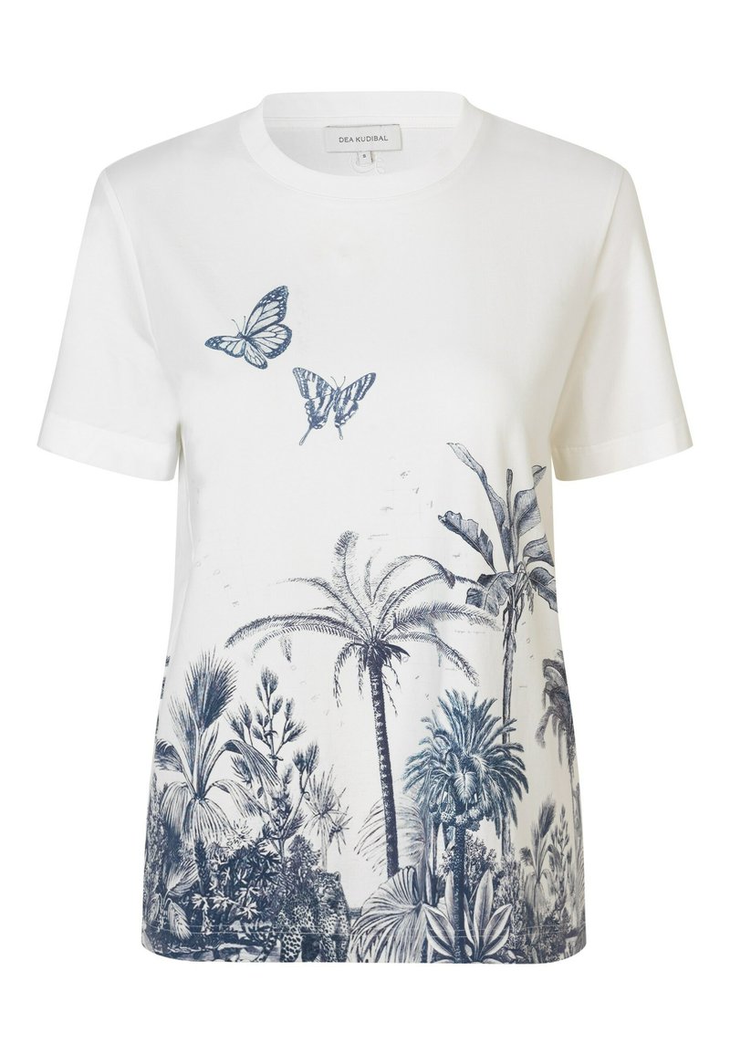 Hvid bomulds T-shirt med grafisk design af blå sommerfugl og palmetræ på forsiden. Korte ærmer og rund halsudskæring. Afslappet pasform.