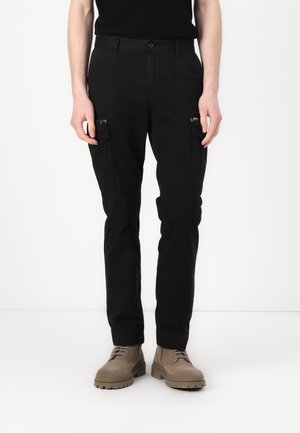Black cargo trousers with side pockets, front button closure, slim fit, made from lightweight fabric, featuring a smooth texture and minimal design.