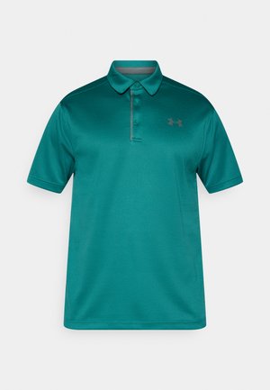 Teal polo shirt featuring a textured fabric, short sleeves, and a collared neckline, with a subtle gray logo on the chest.