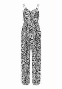 Mono de estampado blanco y negro con tirantes finos, escote en V y piernas anchas y rectas. Fabricado con una tela ligera y texturizada.