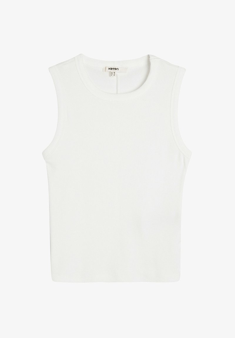 White sleeveless top made of ribbed fabric, featuring a round neckline and a fitted design. Simple, smooth texture without embellishments.