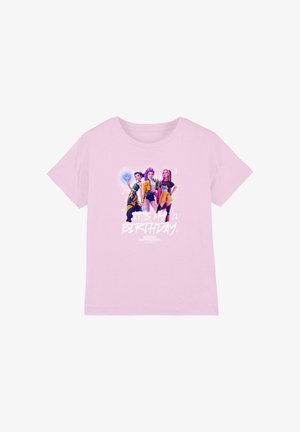 Light pink t-shirt with three animated female characters and text "It's my birthday" and "K-pop Demon Hunters" below them.