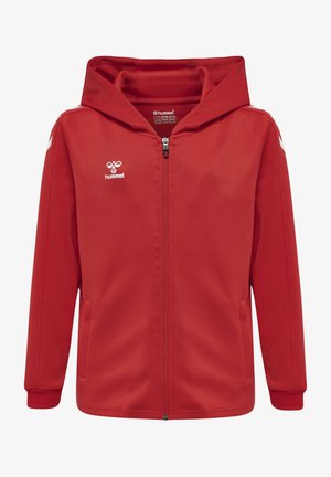 Roter Reißverschluss-Hoodie mit weißem Hummel-Logo auf der Brust und weißen Chevron-Streifen auf den Schultern und Ärmeln.