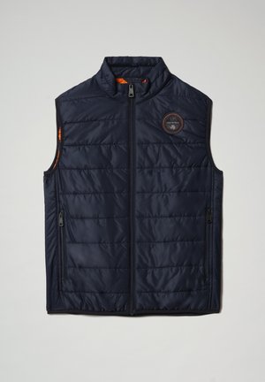 Marineblå puffervest med quiltet design, høj krave, lynlås foran, sidelommer og orange foer. Har en rund logo-patch.