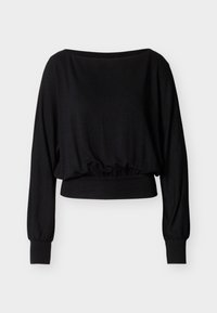 Μαύρο cropped πουλόβερ με μακριά μανίκια, φαρδύ boat λαιμόκοψη και εφαρμοστά ριμπ μανσέτες και ζώνη στη μέση, σε απλό ανοιχτό φόντο.