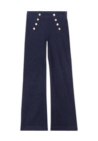 Pantalons en denim évasés de couleur marine foncée, avec une taille haute comportant six boutons métalliques et une finition lisse et texturée.