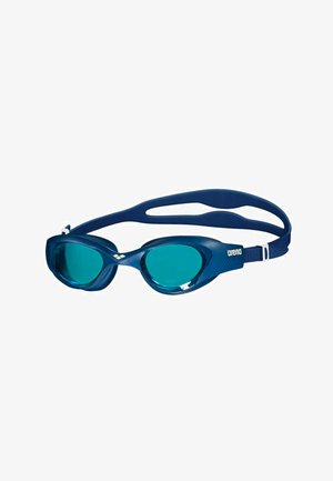 Lunettes de natation bleues avec des verres teal, un design aérodynamique, des sangles en silicone et des côtés texturés pour une meilleure prise en main. Ajustables pour un maintien sécurisé.
