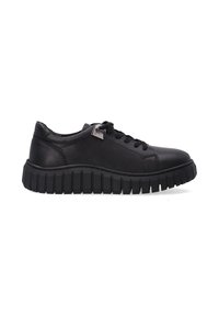 Schwarzer Sneakers aus Leder mit runder Zehenpartie, Schnürdesign, strukturierten Seitenpaneelen und einer dicken, geriffelten Gummisohle. Silberne Hardware-Akzent an der Seite.