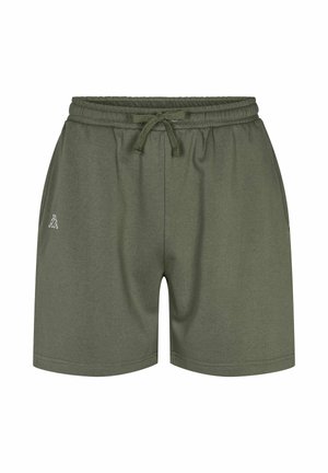 Krátké kalhoty s elastickým pasem v olivově zelené barvě, s nastavitelným šňůrkovým zavazováním a malým bílým logem na levé přední straně.