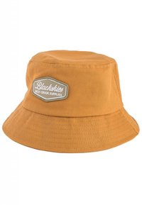 Oranžový bavlněný klobouk typu bucket s širokým okrajem, s prošitou texturou a vyšitým nápisem "Blackskies High-Grade Supplies."