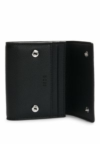 Black leather wallet with a textured finish, features snap closure, multiple card slots, and embossed branding on one side.