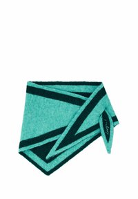 Lambavilla salli, millel on teal värvi alus ja tumerohelised diagonaalsed triibud. Pehme tekstuur, terava otsa ja dekoratiivse sildiga.