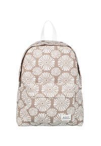 Beige fabric backpack with white floral pattern, zippered main compartment, front pocket, and top handle for carrying. Roxy logo on the front.