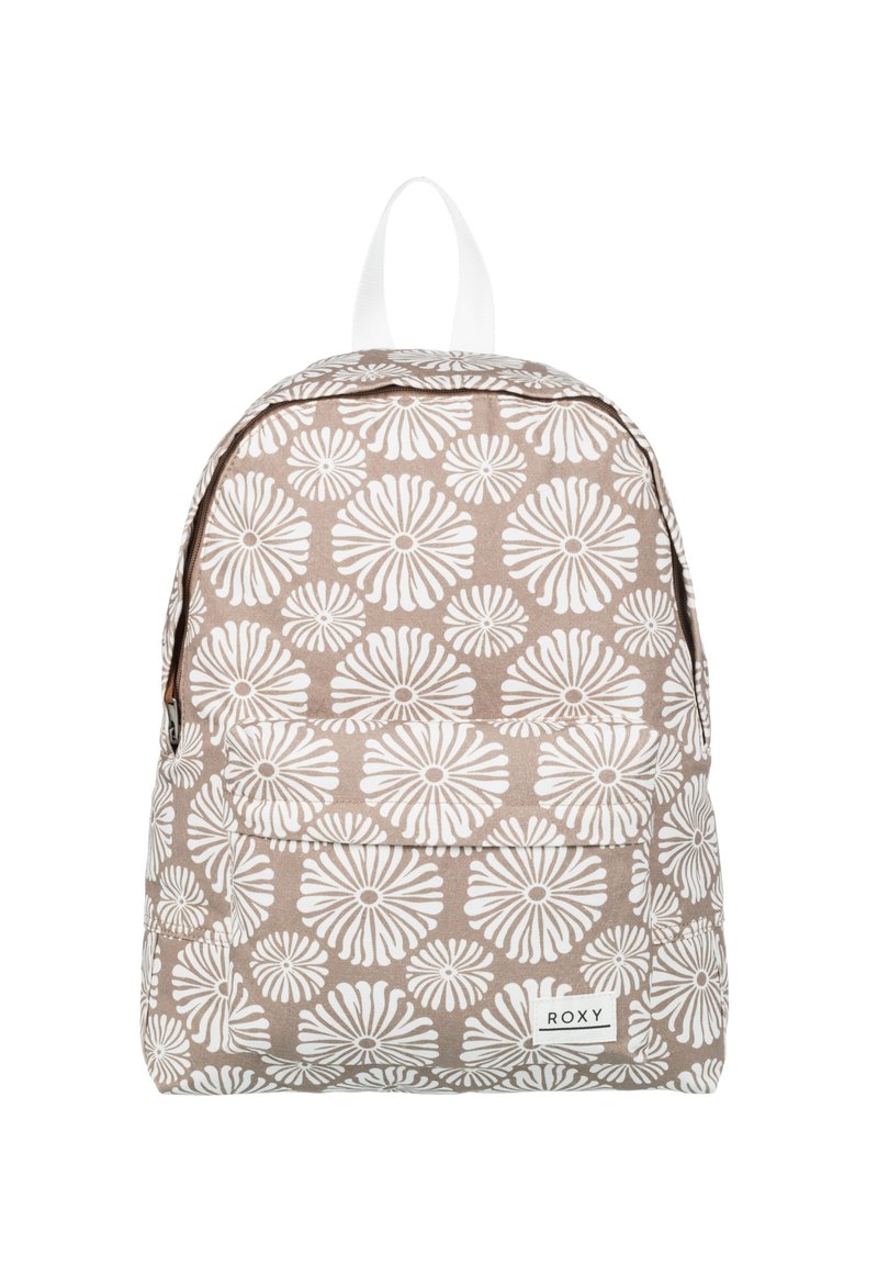 Beige fabric backpack with white floral pattern, zippered main compartment, front pocket, and top handle for carrying. Roxy logo on the front.