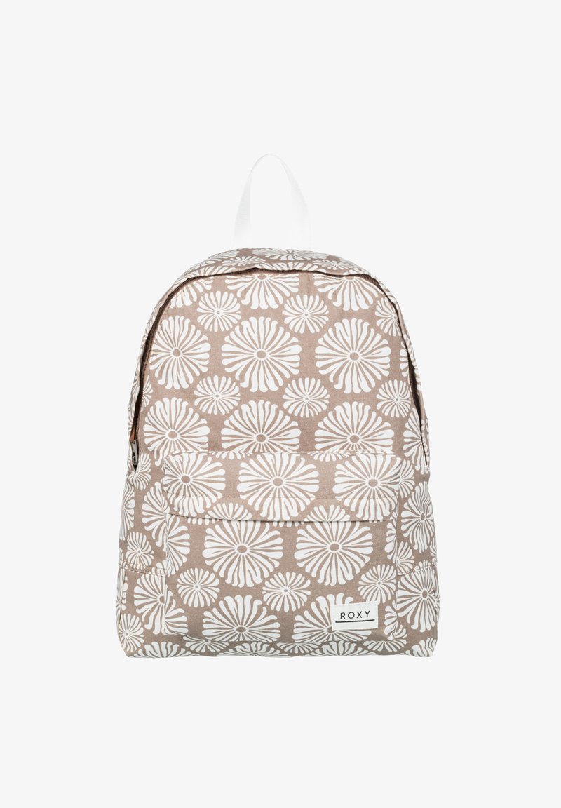 Beige látkový batoh s bílým květinovým vzorem, zipový hlavní prostor, přední kapsa a horní rukojeť pro nošení. Logo Roxy na přední straně.