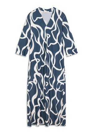 Robe longue bleu marine avec un motif abstrait blanc, présentant un col en V, des manches trois-quarts et une texture de tissu fluide.