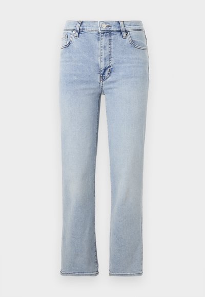 Heledad denim teksad helesinine, sirge jalaga disain, viis taskut, nööp ja tõmblukk sulgemiseks ning nähtavad õmbluse detailid.