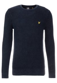 Navyblauer Strickpullover mit gerippter Textur, Rundhalsausschnitt, langen Ärmeln und einem kleinen gelben Logo auf der linken Brust.