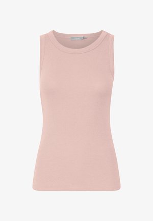 Bezroku rievots džersija tops gaismrozā krāsā ar apaļu kakla izgriezumu un piegulošu siluetu.