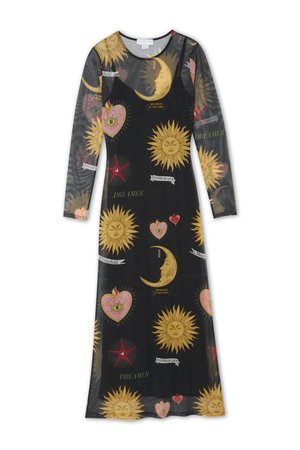 Vestido negro de manga larga hecho de tela transparente, con patrones de sol, luna y corazón en amarillo, rosa y rojo, con acentos de texto.