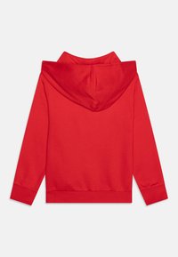 Un sweat à capuche rouge à manches longues avec une grande capuche, des poignets côtelés et un ourlet côtelé, présenté de dos sur fond blanc.