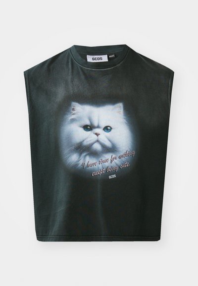 Black sleeveless T-shirt featuring a white cat graphic with blue eyes and text, "I have time for nothing except being cute," at the center.