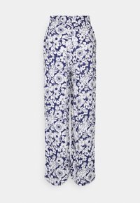 Blommiga vida byxor med elastisk midja, med en marinblå bakgrund och vita botaniska mönster överallt.