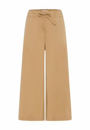 Beige wijde broek met elastische tailleband en verstelbaar trekkoord, ontworpen voor casual of ontspannen draagcomfort.