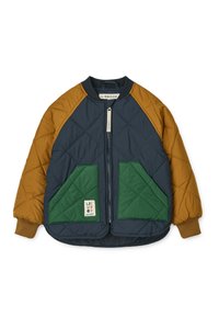 Quilted bomber jacket with navy body, brown sleeves, and green patch pockets. Features a front zipper and ribbed cuffs. Brand tag on pocket.