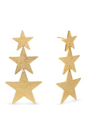 Naušnice u zlatnoj boji s tri viseća zvjezdasta oblika različitih veličina, s teksturom sjajnog sjaja i glatkim metalnim završetkom.