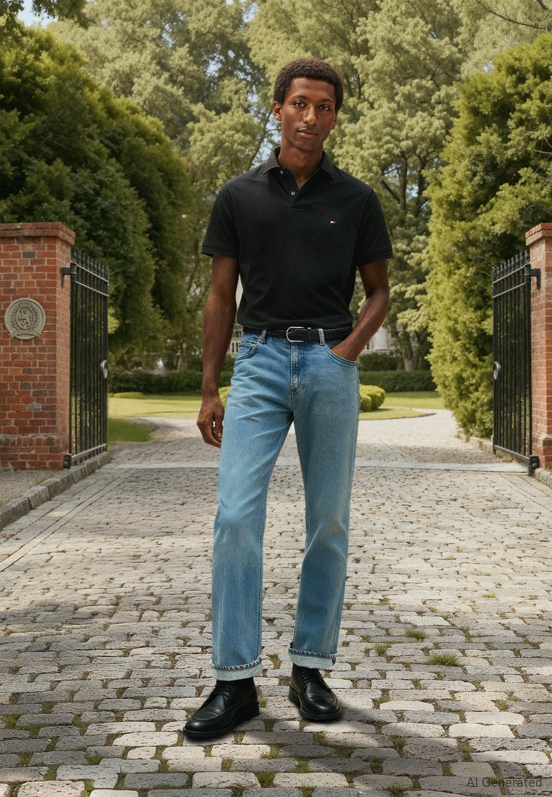 Polo nera, jeans azzurri chiari con orli sfrangiati, stivaletti neri; posata su un sentiero lastricato con vegetazione sullo sfondo.