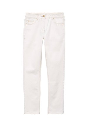 Weiße Jeans mit geradem Bein, Fronttaschen, Gürtelschlaufen und Knopfverschluss, flach auf einem weißen Hintergrund ausgelegt.