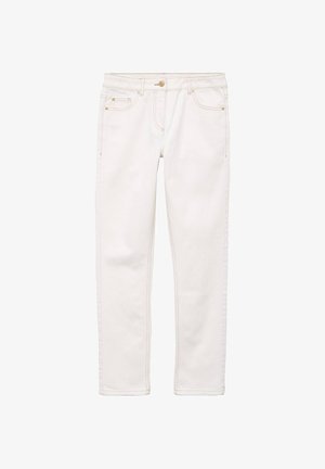 Pantalones vaqueros blancos de pierna recta con bolsillos frontales, trabillas para cinturón y cierre de botón, colocados planos sobre un fondo blanco.