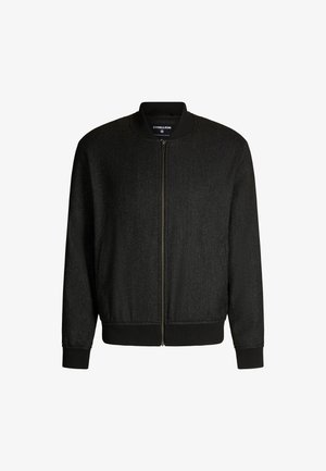 Black bomber jacket with a zip front, ribbed collar, cuffs, and hem. Textured fabric with subtle sheen, featuring side pockets.