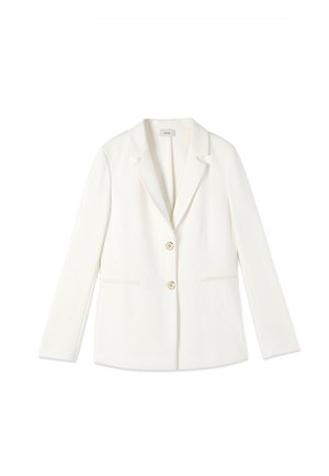 Weißer, maßgeschneiderter Damenblazer mit Kerbkragen, zwei vorderen Knöpfen und zwei waagerechten Einschubtaschen, präsentiert vor weißem Hintergrund.