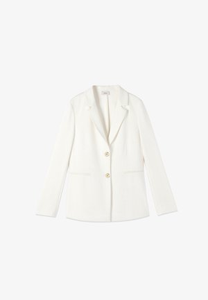 Blazer bianco su misura da donna con rever a incavo, due bottoni frontali e due tasche orizzontali a laccio, mostrato su sfondo bianco.