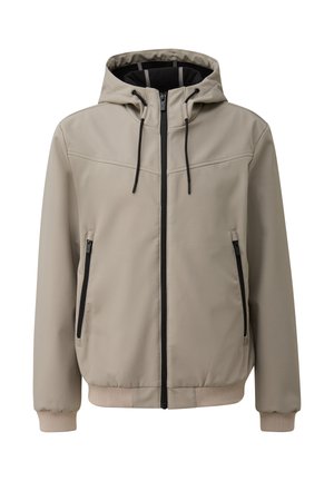 Giacca beige con cappuccio, caratterizzata da una cerniera frontale, due tasche con zip, polsini elasticizzati e un morbido rivestimento interno. Texture liscia.