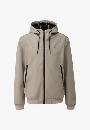 Beige takki, jossa on huppu, etuvetoketju, kaksi vetoketjullista taskua, joustavat hihansuut ja pehmeä sisävuori. Sujuva pinta.