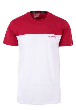 Red and white short-sleeve t-shirt, cotton material, with a red upper section and white lower section. Features a small logo on the chest.