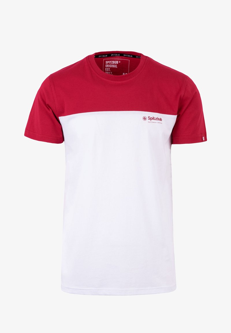 Rot-weiße Kurzarm-T-Shirt aus Baumwolle, mit rohem oberen Bereich und weißem unteren Bereich. Verfügt über ein kleines Logo auf der Brust.