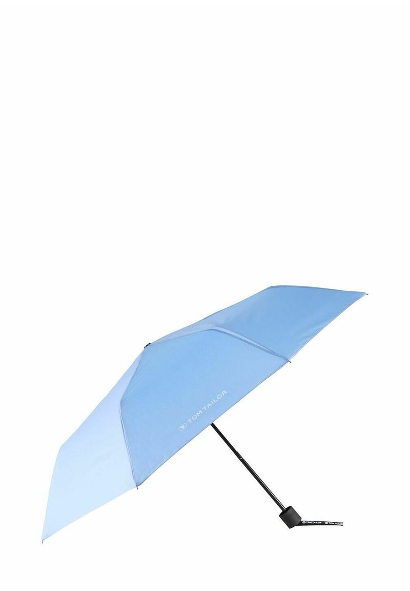 Lichtblauwe paraplu met een compact ontwerp, voorzien van een zwarte uitschuifbare handgreep en een gemarkeerd accent. Gemaakt van duurzaam stof.