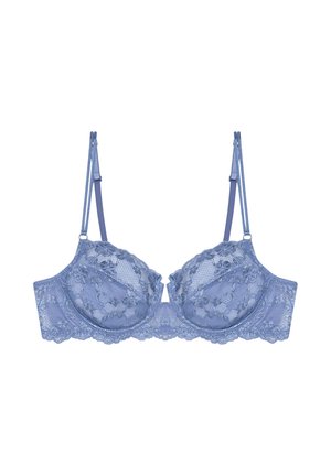 Hellblauer Spitzen-BH mit floraler Stickerei, verstellbaren Trägern und Bügelcups, die für Halt und dekorativen Reiz sorgen.