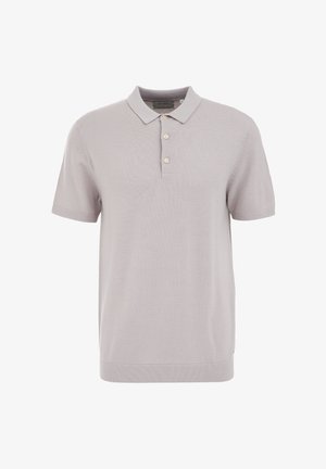 Svetlo siva polo majica s kratkimi rokavi, z ravnim ovratnikom, tri gumbi na zapenjanju, rebrastim robom in mehkimi, teksturiranimi tkaninami.